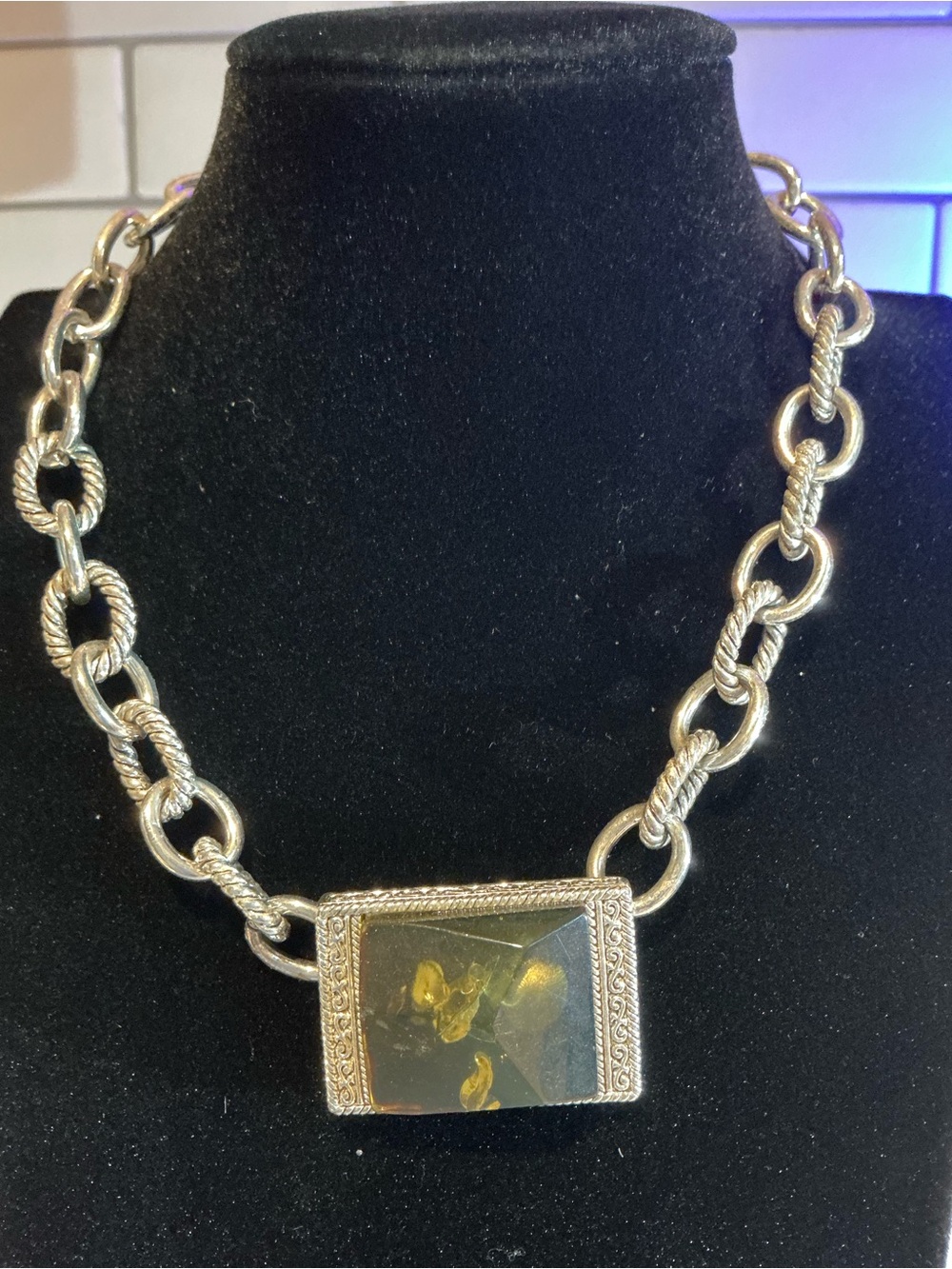 Silver-Tone Chain Necklace with Yellow Amber Resin Pendant